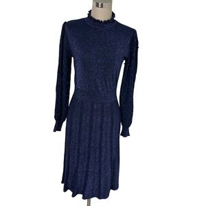 Nanette Lepore Navy Sparkle Long-Sleeve Ruffle Neck Dress